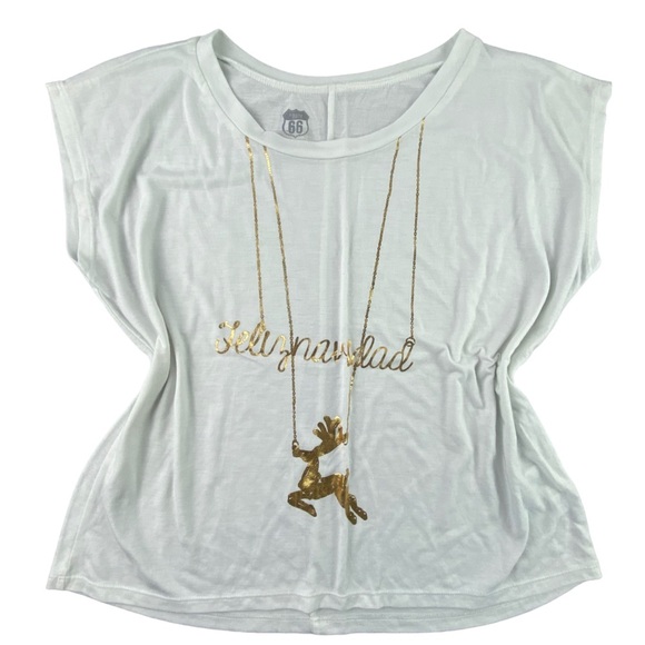 Feliz Navidad reindeer gold necklace deer print white sleeveless tee t-shirt - Picture 3 of 8